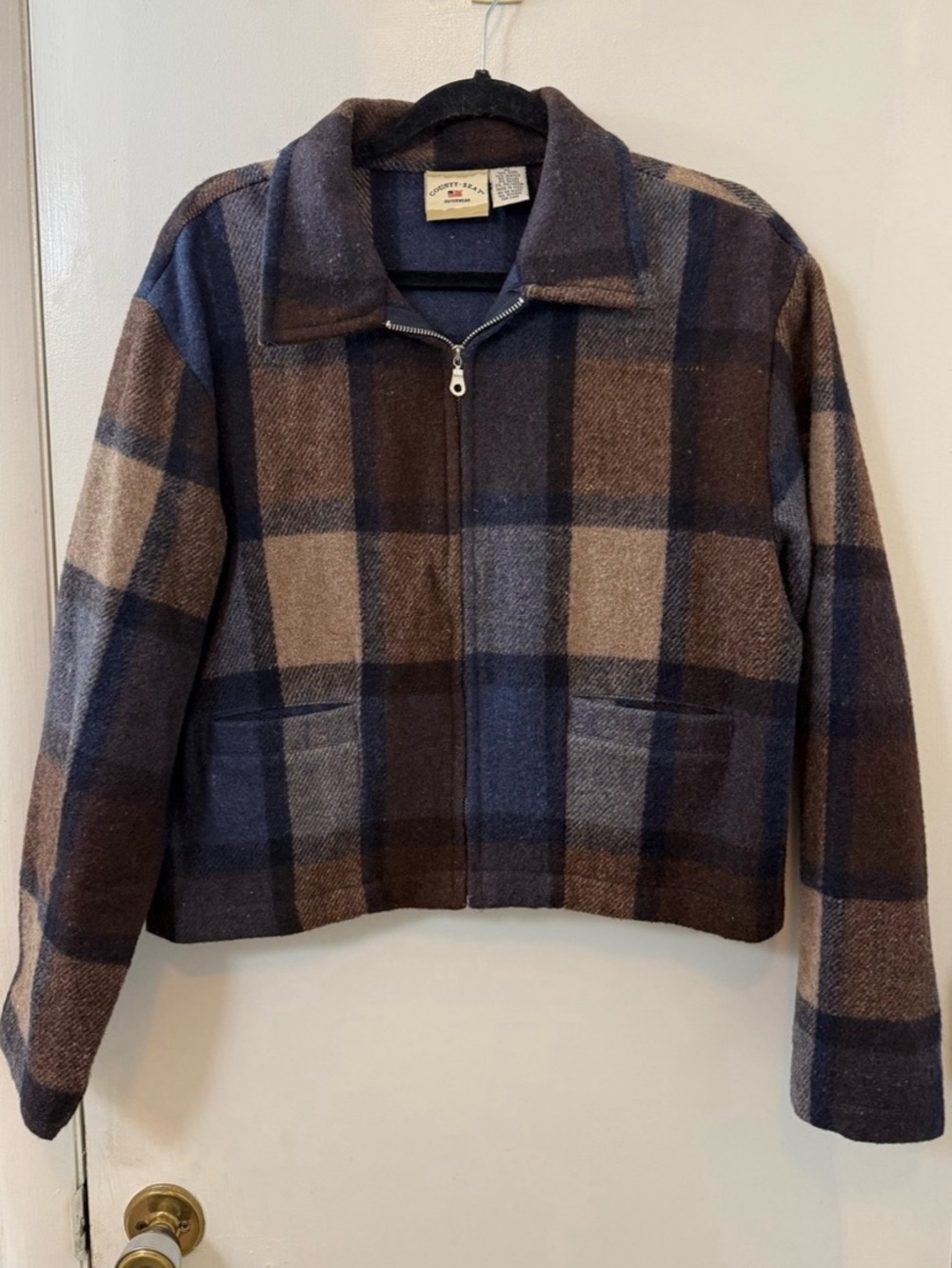 Vintage County Seat Blue & Brown Plaid Wool Full Zip Jacket (XL)